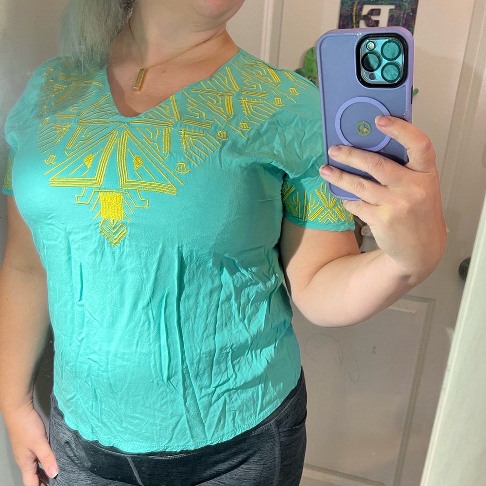 MISS LOOK GREEN YELLOW AZTEC EMBROIDERY DESIGN TOP SHIRT SUMMER BRIGHT AQUA L